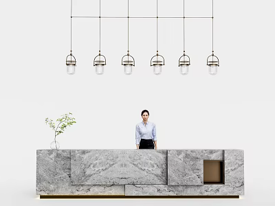 Modern Marble Reception Desk With Receptionist Standing Behind Hanging Pendant Lights And Potted Plant 3d model