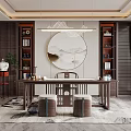 Traditional Chinese Tea Room Interior With Wooden Table Stools Bookshelves Pendant Lights And Landscape Painting