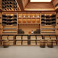 Luxury Wine Cellar Interior With Wooden Wine Racks Arranged Bottles And Oak Barrels