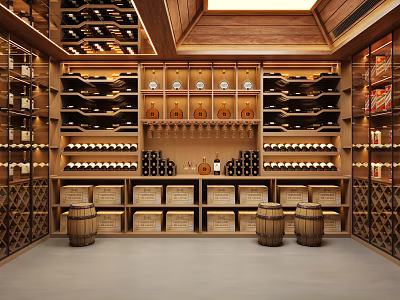 Luxury Wine Cellar Interior With Wooden Wine Racks Arranged Bottles And Oak Barrels 3d model