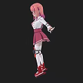 Anime Woman with Pink Hair White Top Pink Skirt Knee Pads Red Shoes Arms Outstretched