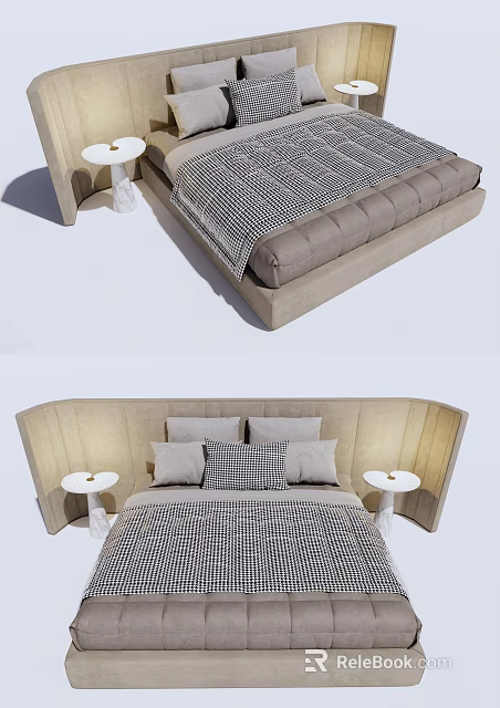 Elegant Modern Double Bed With Upholstered Headboard Checkered Bedspread And Side Nightstands 3d model 