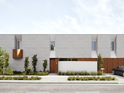 Modern Single Family Home With Gray Facade Windows And Wooden Fence Landscaping 3d model