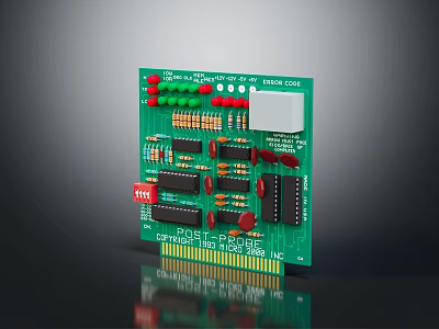 Green Circuit Board With Red Green LED Lights Resistors And Chips 3d model