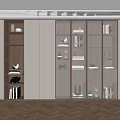 Elegant Modern Wooden Display Shelves With Books Decorative Items And Herringbone Floor
