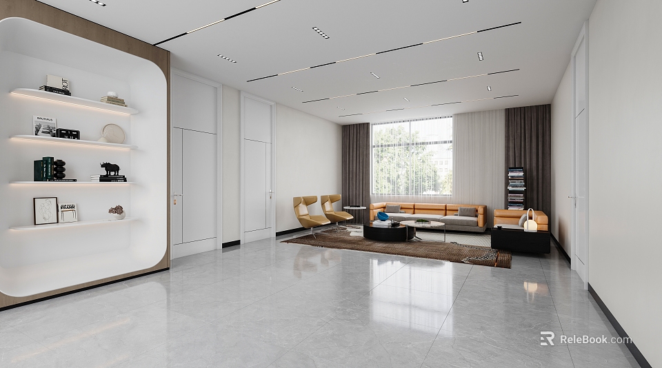 Modern Relaxation Area With Sofa Chairs Coffee Table Large Window Wall Shelves And Polished Floor 3d model 