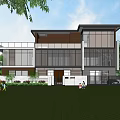 Modern Detached Villa With Large Glass Windows Surrounded By Lush Green Trees And Water Reflection