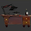 Red Wooden Desk With Table Lamp Open Book Papers And Ink Bottle