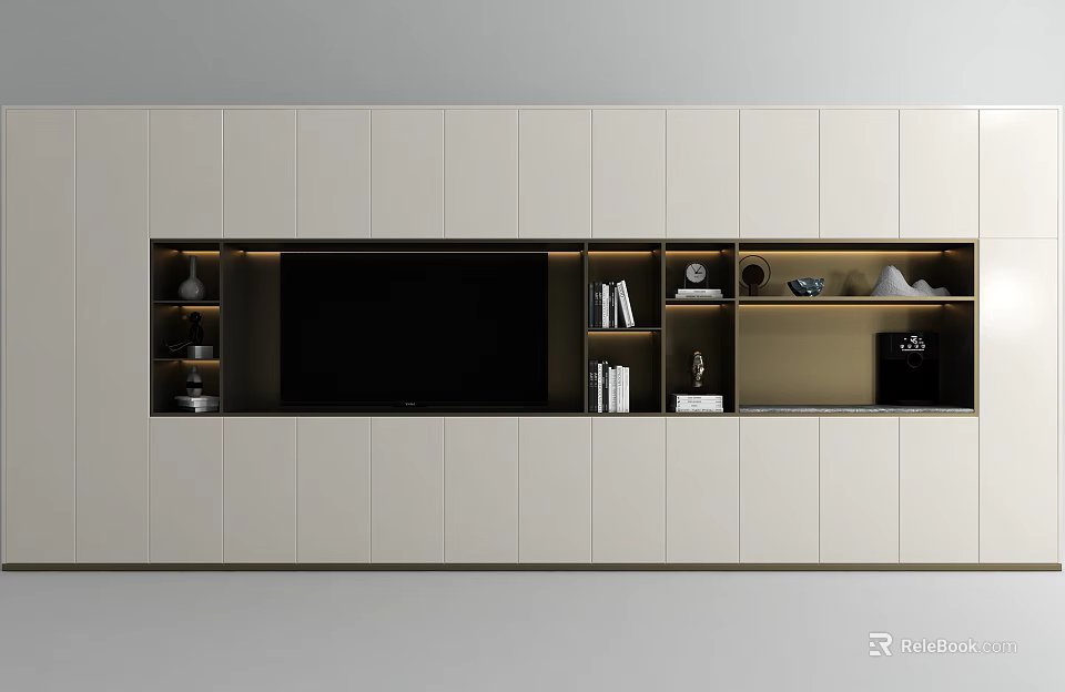 Modern White TV Wall Unit Design With Built-in TV And Open Shelves Decor 3d model 