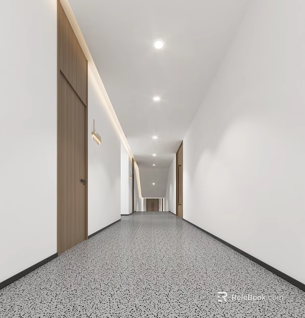 Modern Office Corridor With White Walls Wooden Doors Gray Flooring And Ceiling Lights 3d model 