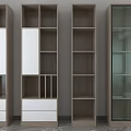 Sleek Modern Wood Bookcase Design With Open Shelves White Drawers And Glass Side Doors