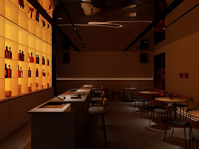 Modern Bar Interior With Liquor Bottles Shelves Bar Counter Tables And Warm Lighting 3d model