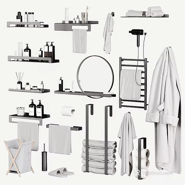 Sleek Modern Bathroom Vanity Setup With Mirror Towel Racks Shelves And Essential Accessories 3d model 