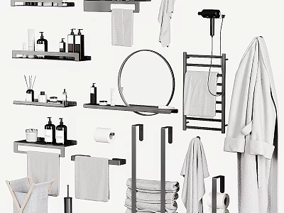 Sleek Modern Bathroom Vanity Setup With Mirror Towel Racks Shelves And Essential Accessories 3d model