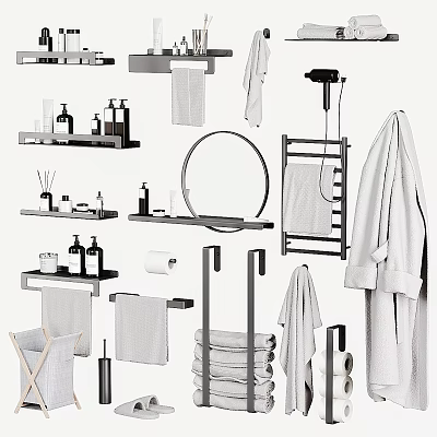 Sleek Modern Bathroom Vanity Setup With Mirror Towel Racks Shelves And Essential Accessories 3d model