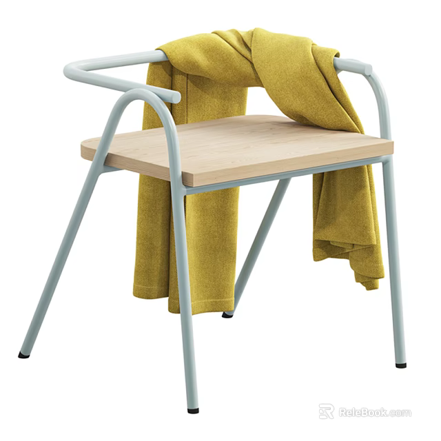 Single Chair With Light Blue Metal Frame Light Wooden Seat And Yellow Blanket On Armrest 3d model 