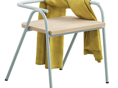 Single Chair With Light Blue Metal Frame Light Wooden Seat And Yellow Blanket On Armrest 3d model