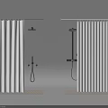 Shower Area With White Vertical Striped Curtains Black Shower Heads Handheld Sprayers Beige Non slip Mats