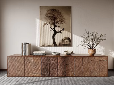 Wooden TV Stand With Textured Panels Books Dishes Ceramic Pot And Tree Wall Art 3d model
