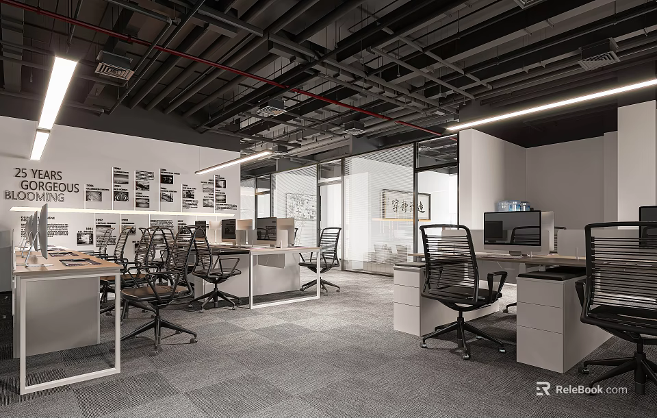 Modern Public Office Space Interior With Open Layout Desks Computers Wall Decor And Linear Lights 3d model