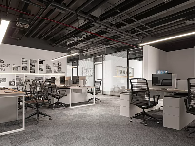 Modern Public Office Space Interior With Open Layout Desks Computers Wall Decor And Linear Lights 3d model