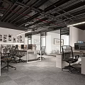 Modern Public Office Space Interior With Open Layout Desks Computers Wall Decor And Linear Lights 3d model