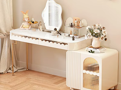 White Dressing Table with Gold Legs Mirror and Decorations Cosmetics Rabbit Doll Flowers Side Cabinet 3d model
