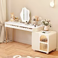 White Dressing Table with Gold Legs Mirror and Decorations Cosmetics Rabbit Doll Flowers Side Cabinet