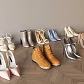 Various Women's Shoes High Heels Ankle Boots And Flats In Beige Silver Brown On Wooden Floor