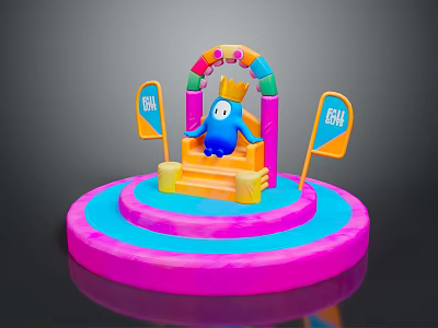 Colorful Display Stand With Arch Blue Cartoon Figure And BHA Flags On Pink Blue Base 3d model