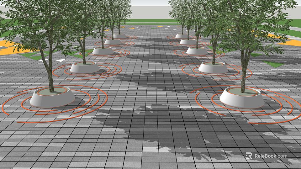 White Circular Tree Planters With Trees On Grey Grid-Patterned Floor And Orange Circular Lines 3d model 