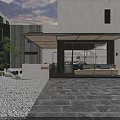 Modern Garden Decor Pieces in Courtyard with Wooden Pergola Greenery Gravel and Cushioned Bench