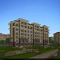 Modern Multistory Residential Building With Yellow Exterior Red Roof And Landscaped Garden