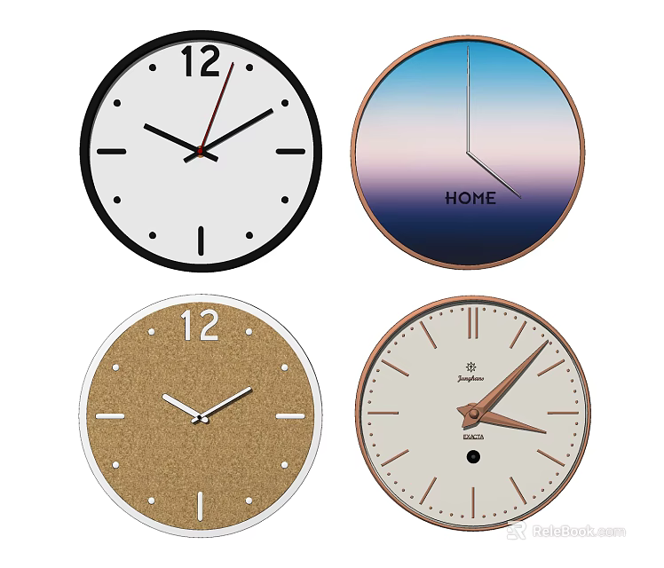Various Stylish Wall Clocks With Minimalist Design Home Decor And Textured Backgrounds 3d model 