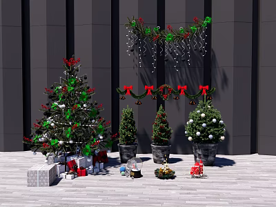 Decorated Christmas Trees With Ornaments Garlands And Gift Boxes On Wooden Deck 3d model