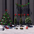Decorated Christmas Trees With Ornaments Garlands And Gift Boxes On Wooden Deck