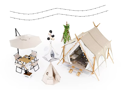 Large Camping Tent With Small Tent Umbrella Table Chairs Balloons And String Lights 3d model