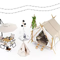 Large Camping Tent With Small Tent Umbrella Table Chairs Balloons And String Lights