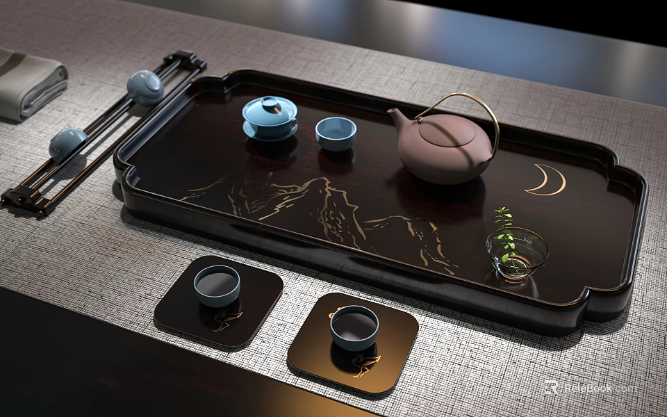 Elegant Tea Set with Dark Tray Mountain Moon Patterns Teapot and Cups on Table 3d model 