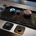 Elegant Tea Set with Dark Tray Mountain Moon Patterns Teapot and Cups on Table 3d model