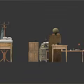 Wooden Dining Table In Rustic Natural Style With Cabinets Stools Books And Globe