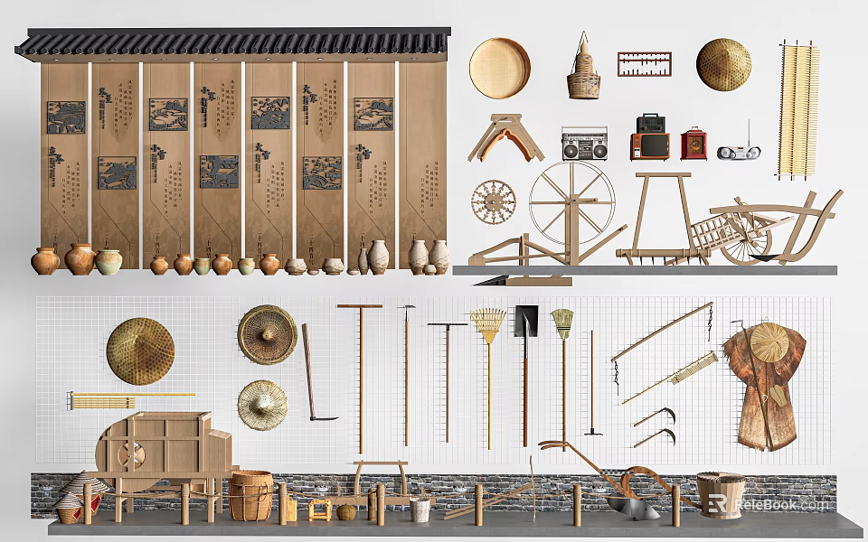Traditional Rustic Garden Decorative Items With Straw Hats Wooden Tools Ceramic Pots And Bamboo Baskets 3d model 