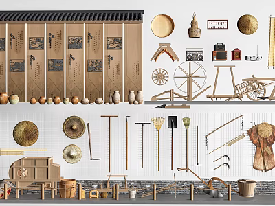 Traditional Rustic Garden Decorative Items With Straw Hats Wooden Tools Ceramic Pots And Bamboo Baskets 3d model