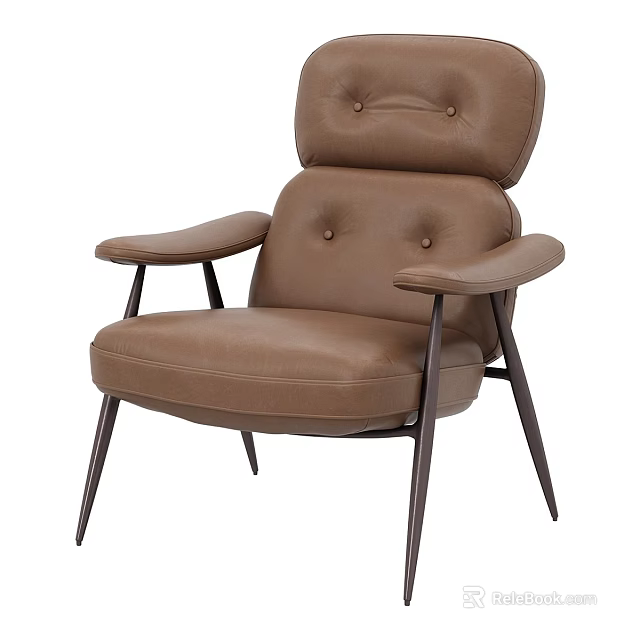 Modern Brown Leather Single Sofa With Button Tufted Backrest Curved Armrests And Black Metal Legs 3d model 