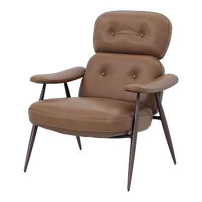 Modern Brown Leather Single Sofa With Button Tufted Backrest Curved Armrests And Black Metal Legs 3d model