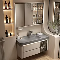 Elegant Modern Bathroom Vanity Design With Backlit Mirror Countertop Cabinets And Potted Plant