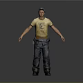 Male Worker Wearing Yellow T-Shirt Blue Cap Blue Jeans And Tool Belt On Grey Background