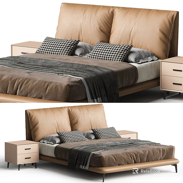 Modern Minimalist Double Bed With Brown Leather Headboard Checkered Pillows And Wooden Nightstands 3d model 