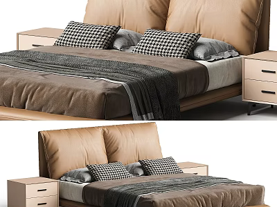Modern Minimalist Double Bed With Brown Leather Headboard Checkered Pillows And Wooden Nightstands 3d model