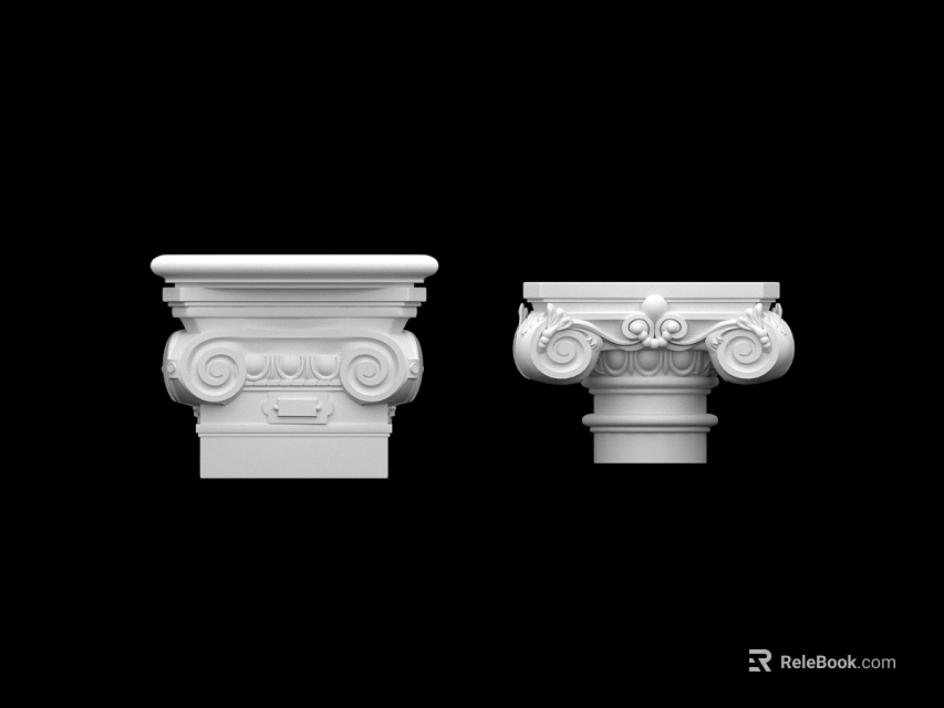 Classical Style White Column Capitals with Ornate Scroll and Floral Details 3d model 